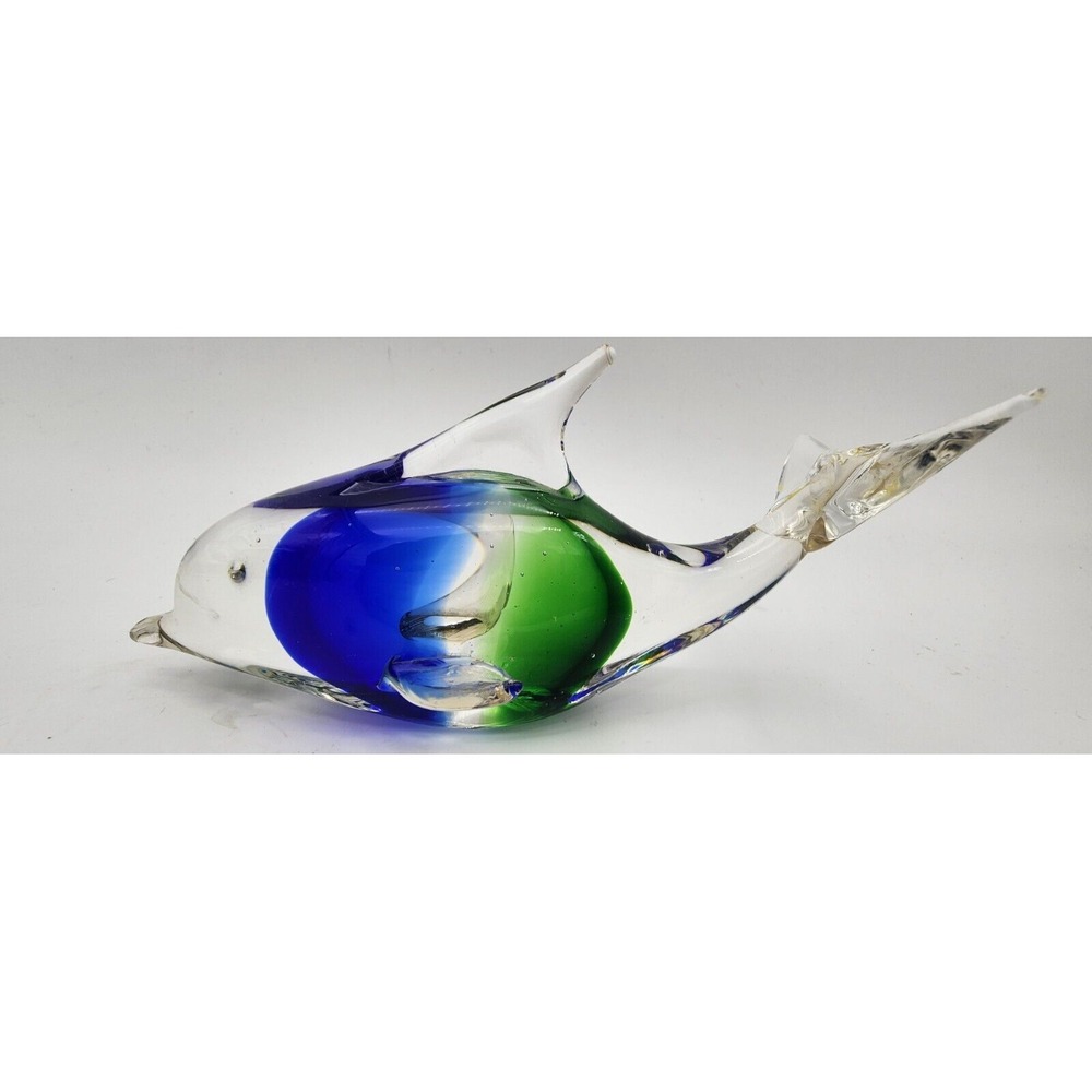 Hand Blown Art Glass Aqua-Blue Swirl swimming‎ Dolphin Figurine Paperweight 6"